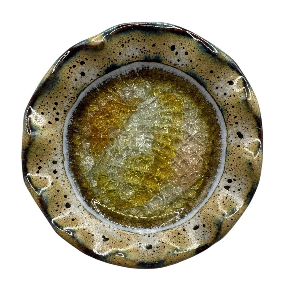Pottery and Art Ceramic Trinket Dish Dish With Textured Glass Center Made in the